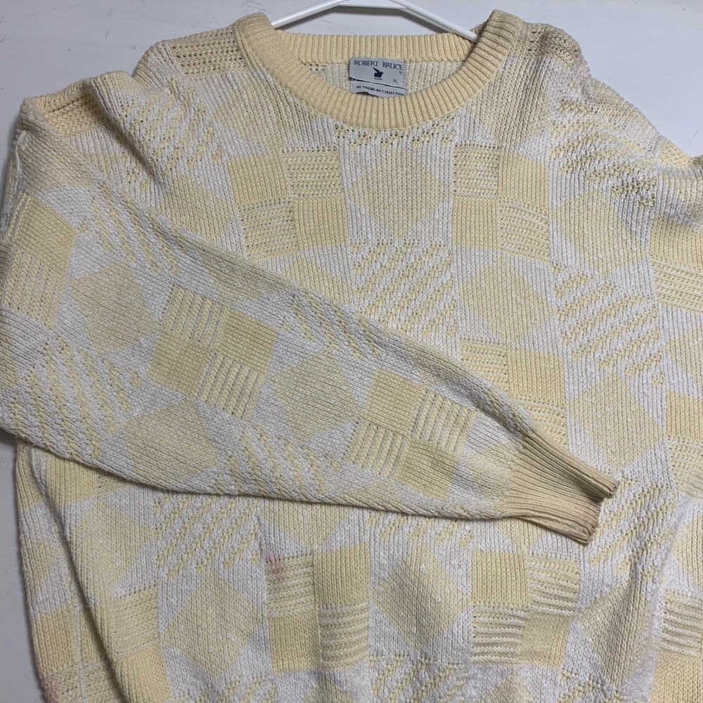 Robert Bruce Vintage Mens‎ XL Sweater Yellow Cream Geometric Textured Knit 2331